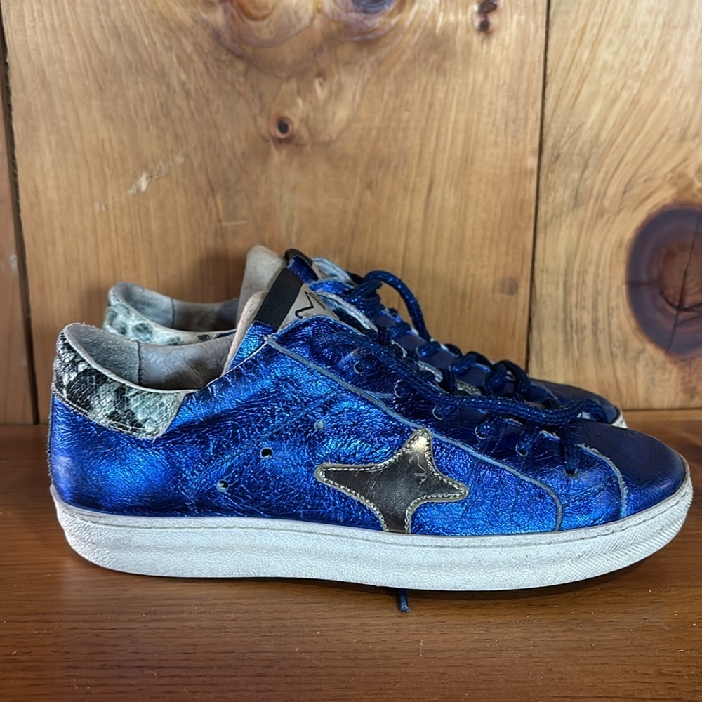 AMA Brand Luxury Handmade in Italy Electric Blue Gold Patent Leather Sneaker 5